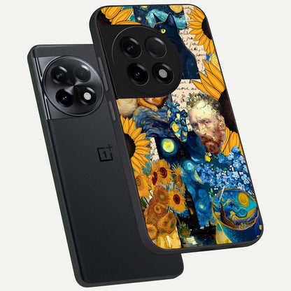  Sunflower Chic Mood Custom Name phone case For OnePlus 11R showing premium glass back cover with detailed artwork