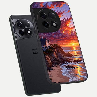  Sunset House By Sea phone case For OnePlus 11R showing premium glass back cover with detailed artwork