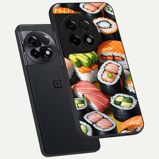  Sushi Food Pattern phone case For OnePlus 11R showing premium glass back cover with detailed artwork