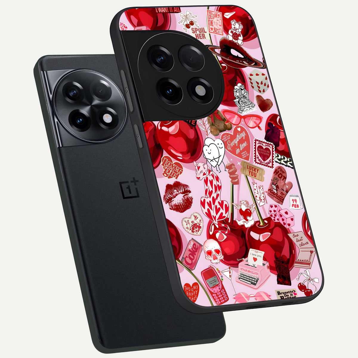  Sweet Cherry Chaos phone case For OnePlus 11R showing premium glass back cover with detailed artwork