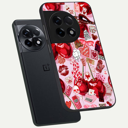  Sweet Cherry Chaos phone case For OnePlus 11R showing premium glass back cover with detailed artwork