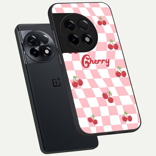  Sweet Cherry Vibes phone case For OnePlus 11R showing premium glass back cover with detailed artwork