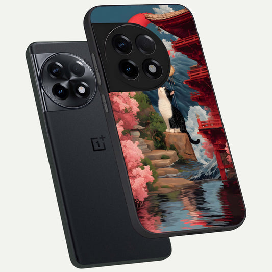  Temple Cat Scenery phone case For OnePlus 11R showing premium glass back cover with detailed artwork