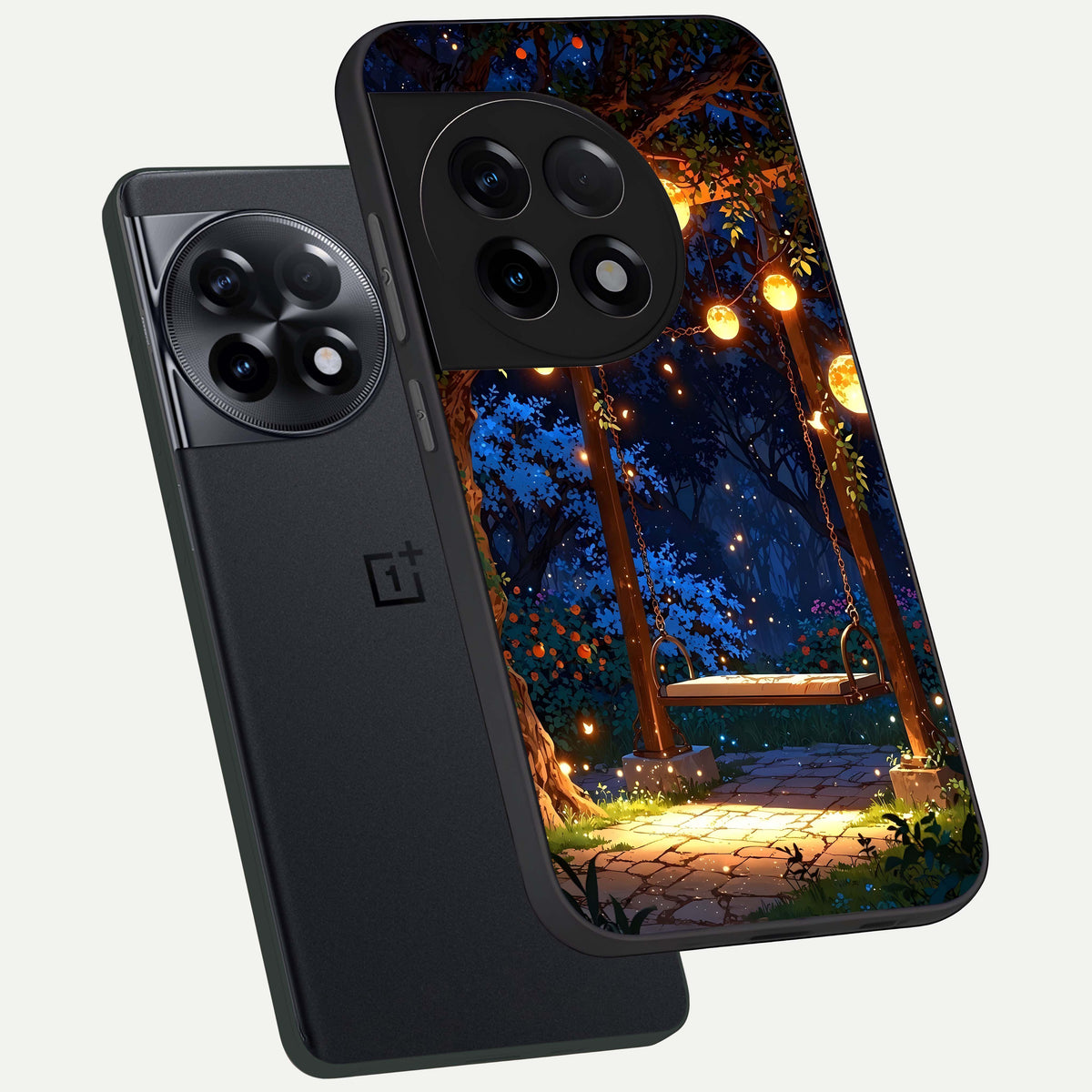  Twilight Garden Swing phone case For OnePlus 11R showing premium glass back cover with detailed artwork