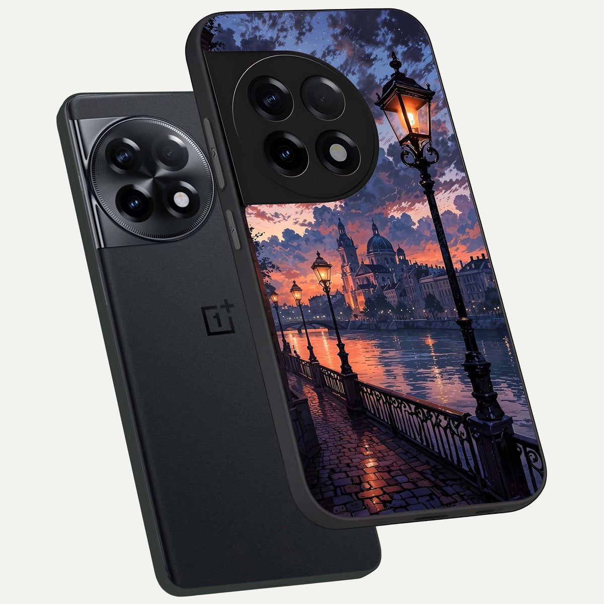  Twilight River Lights phone case For OnePlus 11R showing premium glass back cover with detailed artwork