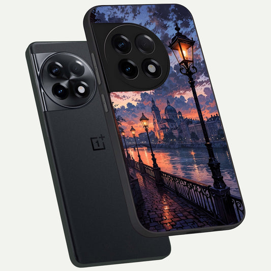  Twilight River Lights phone case For OnePlus 11R showing premium glass back cover with detailed artwork
