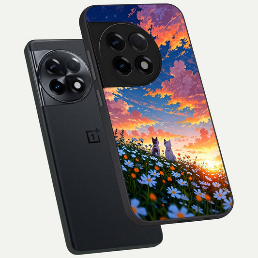  Two Cats Friends phone case For OnePlus 11R showing premium glass back cover with detailed artwork
