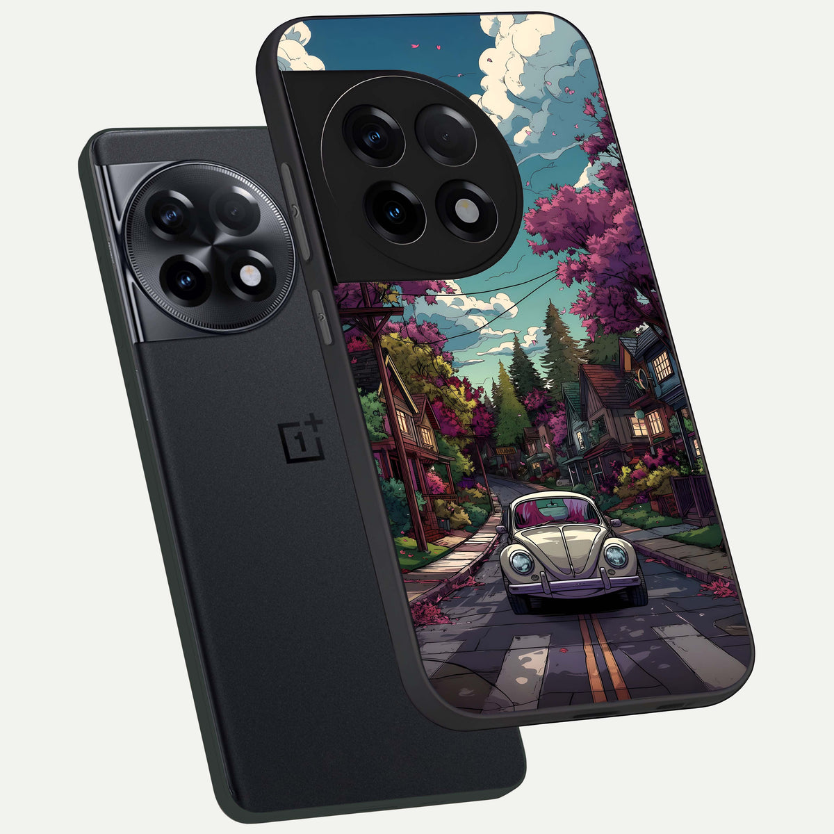  Vintage Street Drive phone case For OnePlus 11R showing premium glass back cover with detailed artwork
