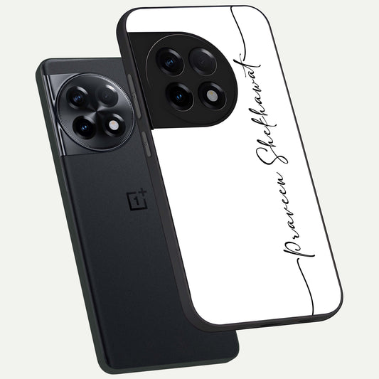  White Tune Custom Name phone case For OnePlus 11R showing premium custom name glass back cover