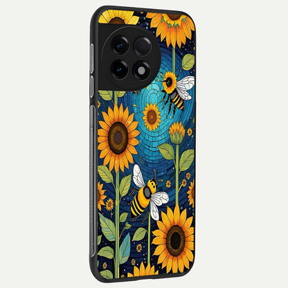  Bees And Sunflowers back cover For OnePlus 11R slim fit glass case with vibrant aesthetic design