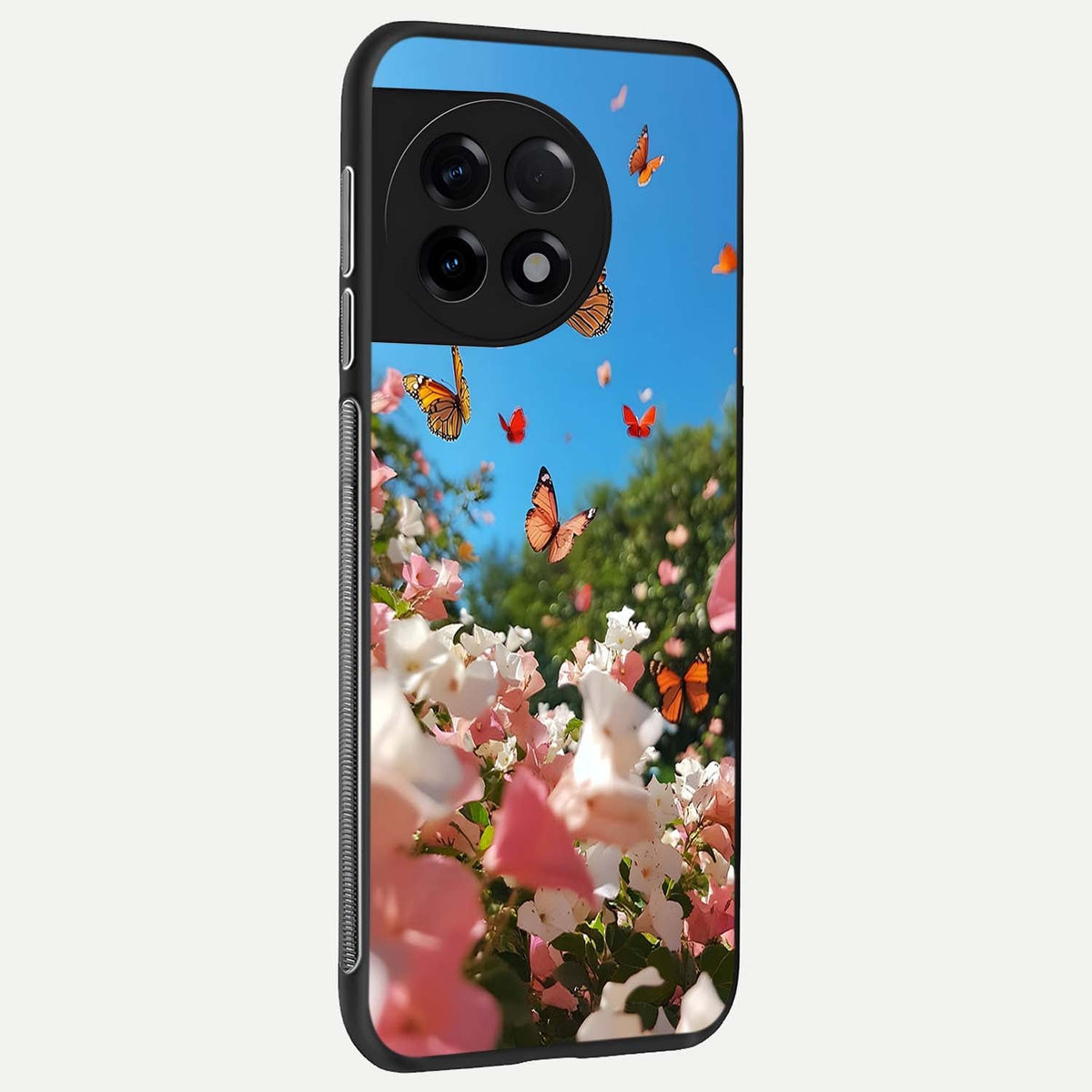  Butterflies In Bloom Sky back cover For OnePlus 11R slim fit glass case with vibrant aesthetic design