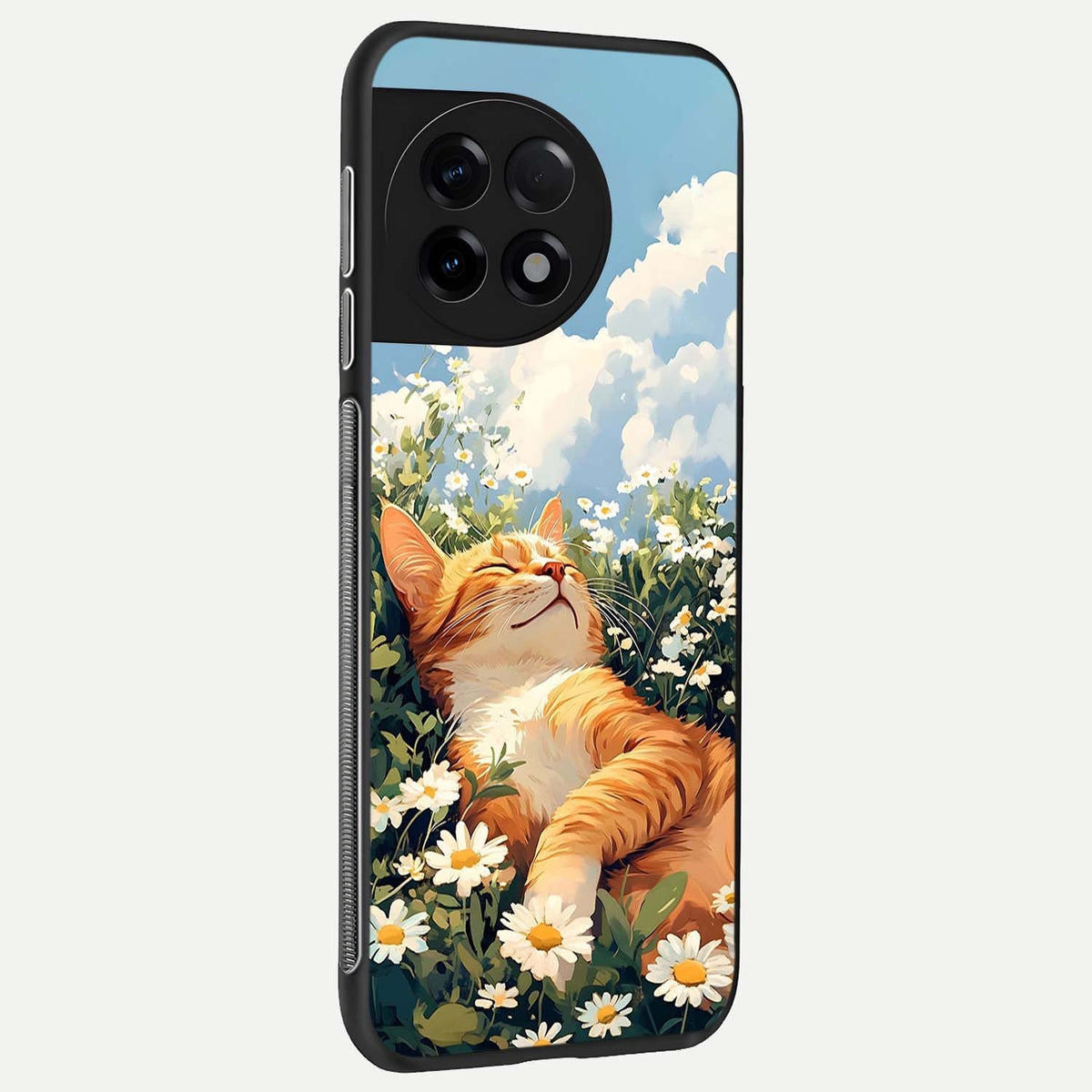  Cat And Flowers View back cover For OnePlus 11R slim fit glass case with vibrant aesthetic design