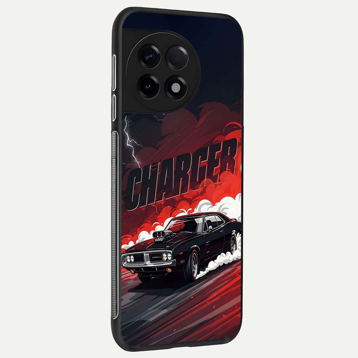  Dark Charger Fury back cover For OnePlus 11R slim fit glass case with vibrant aesthetic design