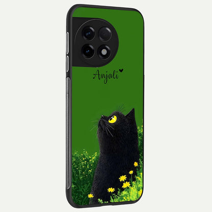  Emerald Cat Custom Name back cover For OnePlus 11R slim fit glass case with vibrant aesthetic design