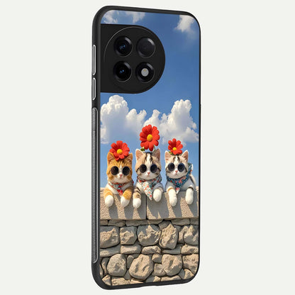 Floral Kitty Squad back cover For OnePlus 11R slim fit glass case with vibrant aesthetic design