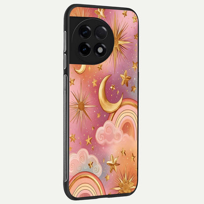  Golden Celestial Dreams back cover For OnePlus 11R slim fit glass case with vibrant aesthetic design