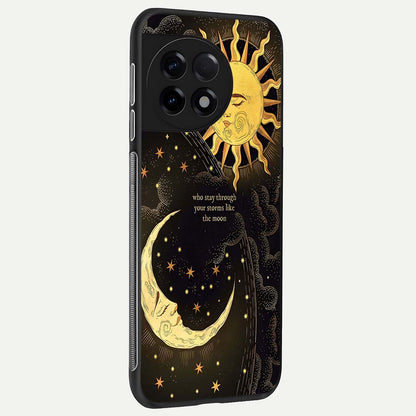  Golden Lunar Love back cover For OnePlus 11R slim fit glass case with vibrant aesthetic design