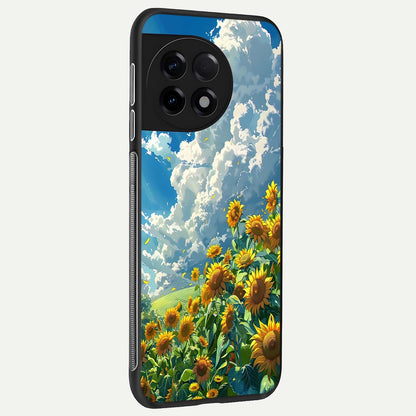  Golden Sun Glory back cover For OnePlus 11R slim fit glass case with vibrant aesthetic design