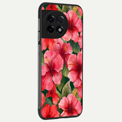  Hibiscus Pattern back cover For OnePlus 11R slim fit glass case with vibrant aesthetic design