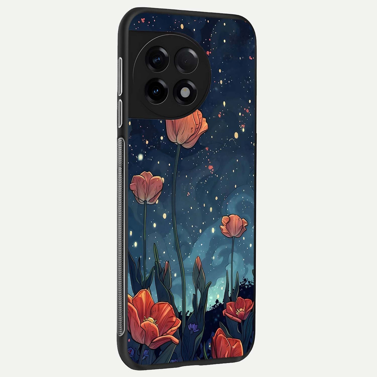  Midnight Tulip Glow back cover For OnePlus 11R slim fit glass case with vibrant aesthetic design