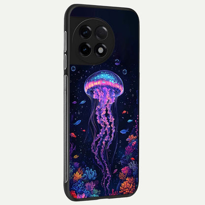  Neon Jellyfish back cover For OnePlus 11R slim fit glass case with vibrant aesthetic design