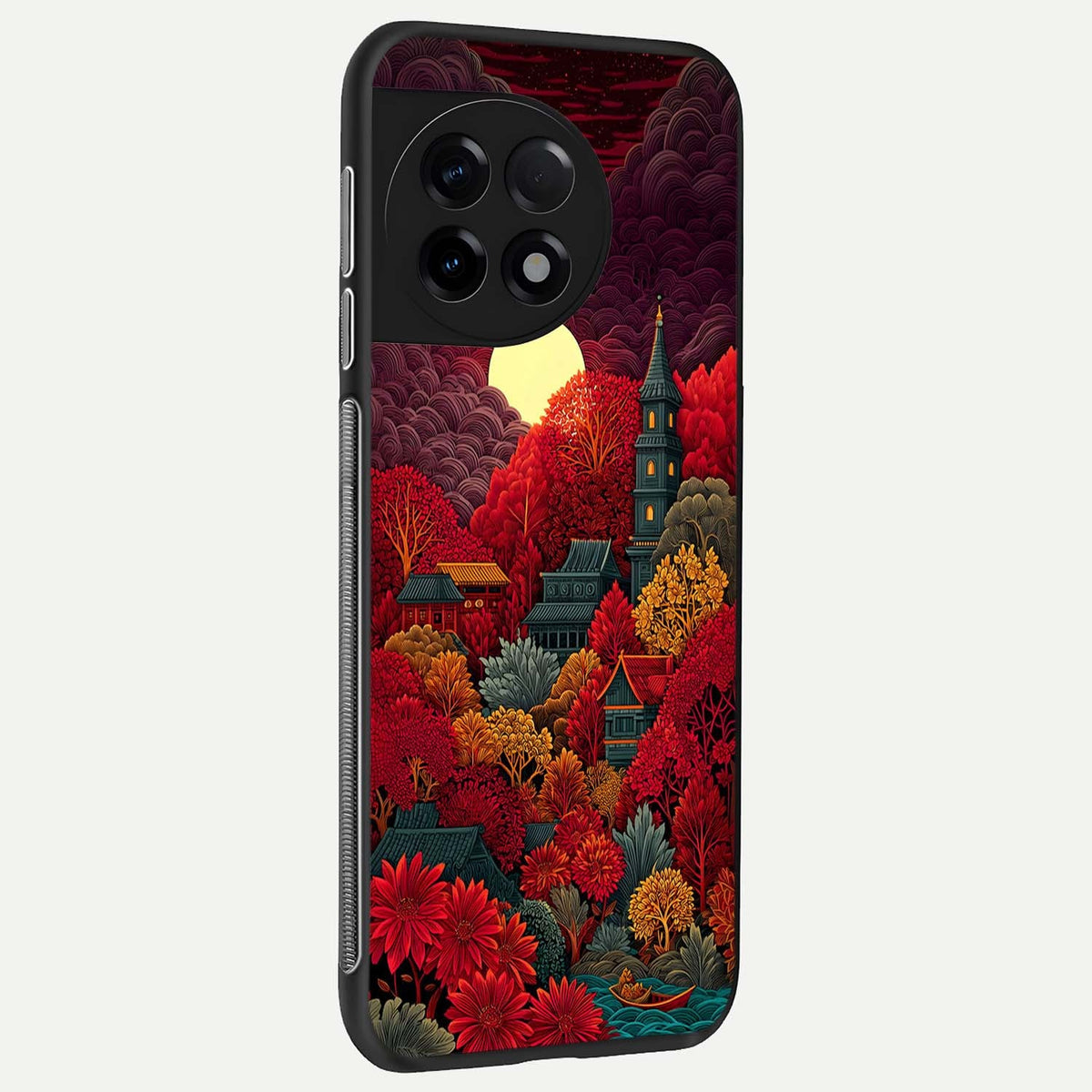  Scarlet Autumn Temple back cover For OnePlus 11R slim fit glass case with vibrant aesthetic design