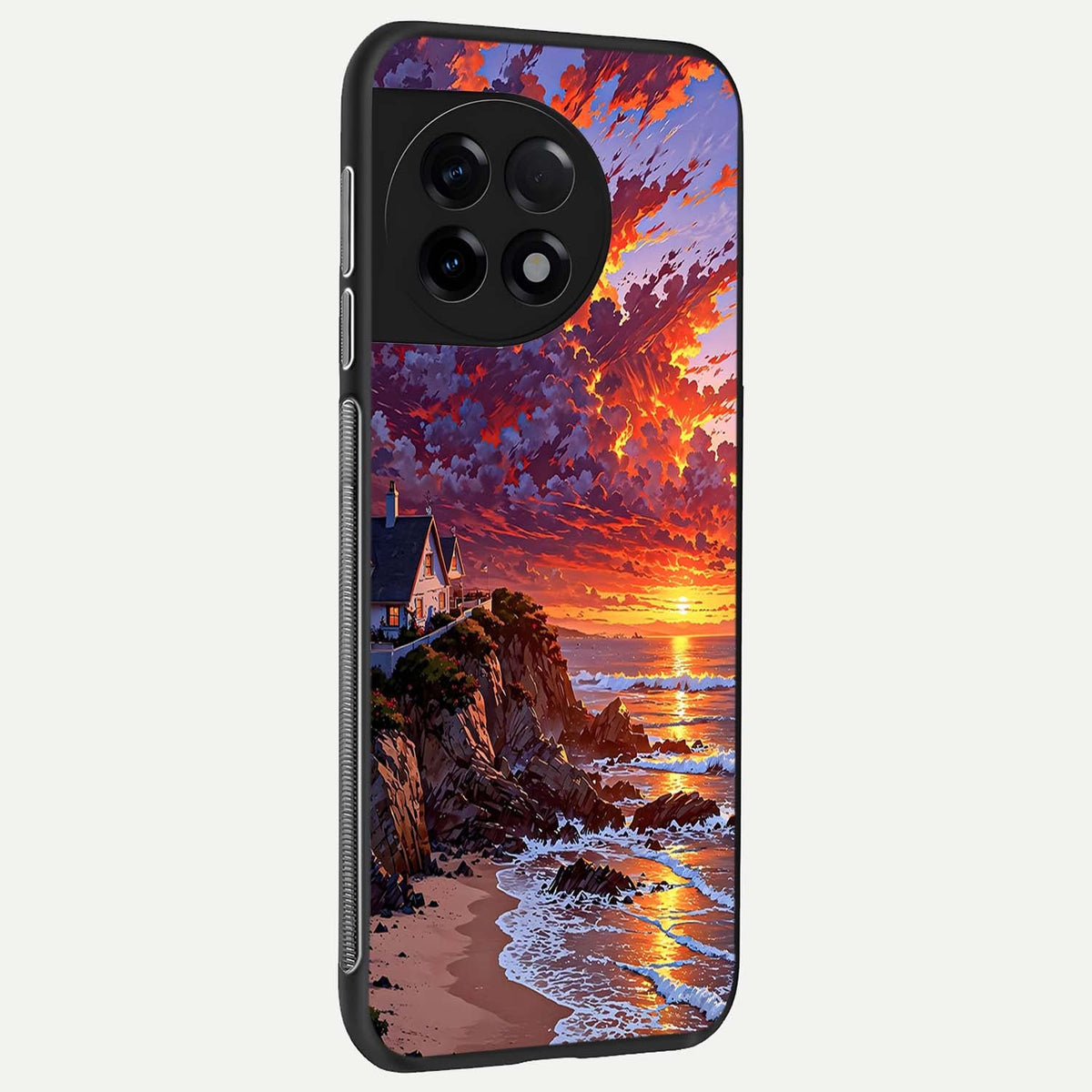  Sunset House By Sea back cover For OnePlus 11R slim fit glass case with vibrant aesthetic design