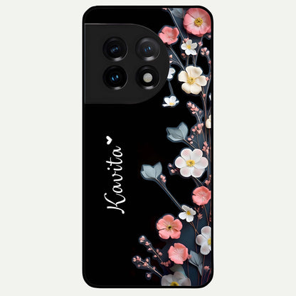  Black Elegance Floral Custom Name Glass Case For OnePlus 11 back cover – full design glossy printed glass finish