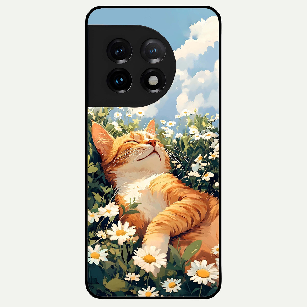  Cat And Flowers View Glass Case For OnePlus 11 back cover – full design glossy printed glass finish