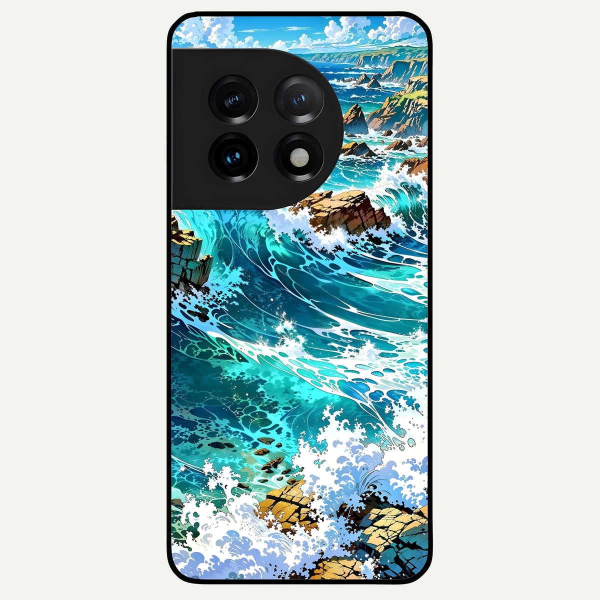  Coastal Blue Waves Glass Case For OnePlus 11 back cover – full design glossy printed glass finish