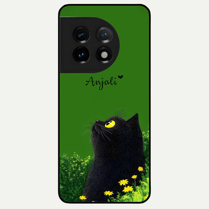  Emerald Cat Custom Name Glass Case For OnePlus 11 back cover – full design glossy printed glass finish