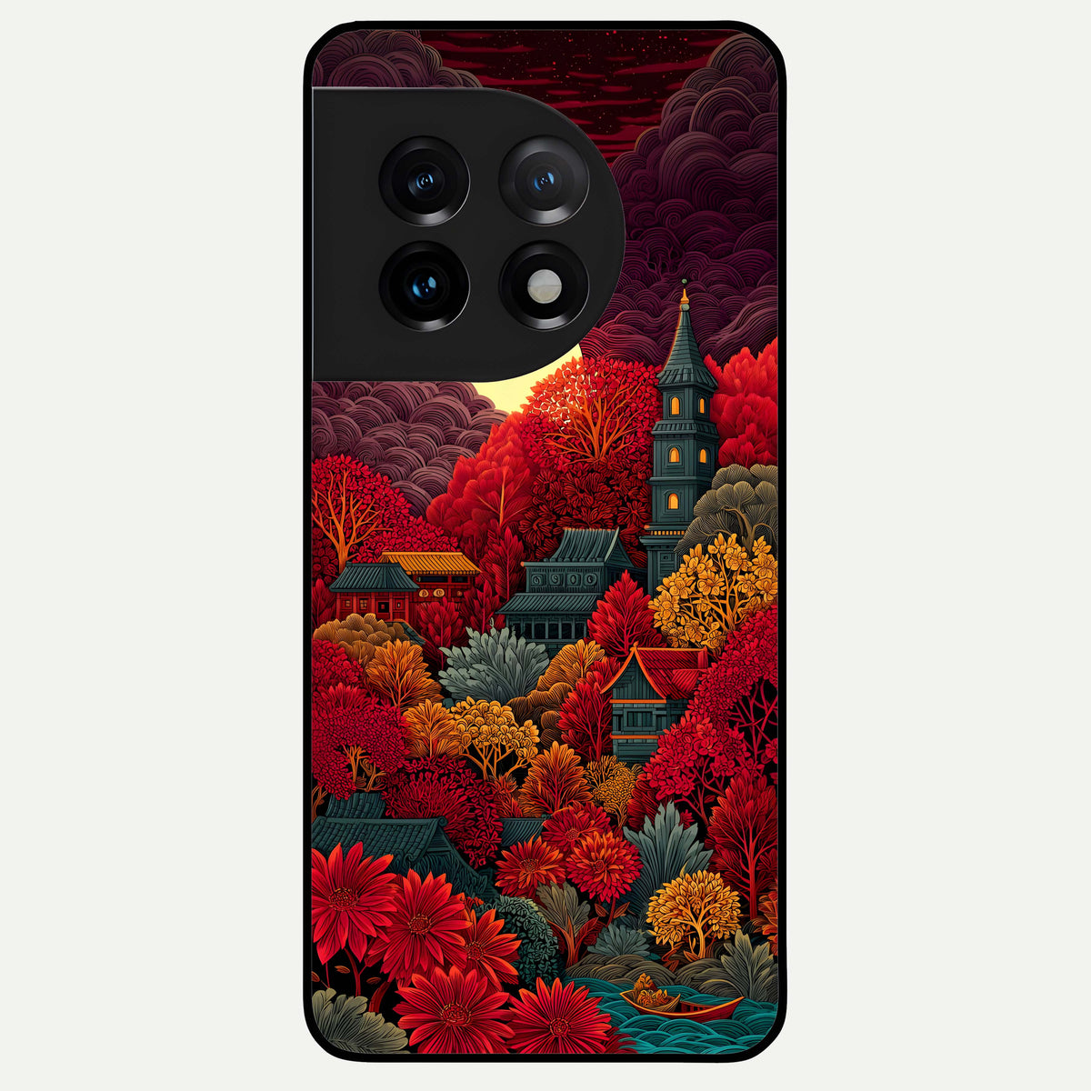  Scarlet Autumn Temple Glass Case For OnePlus 11 back cover – full design glossy printed glass finish