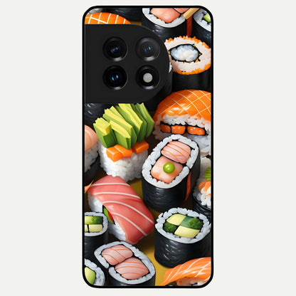  Sushi Food Pattern Glass Case For OnePlus 11 back cover – full design glossy printed glass finish