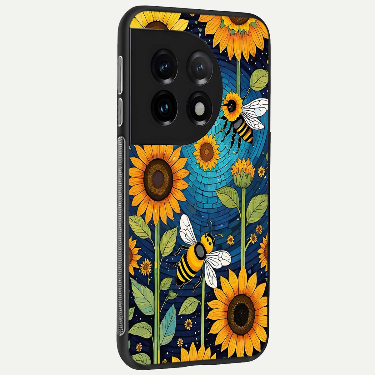  Bees And Sunflowers back cover For OnePlus 11 slim fit glass case with vibrant aesthetic design