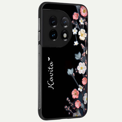  Black Elegance Floral Custom Name back cover For OnePlus 11 slim fit glass case with vibrant aesthetic design