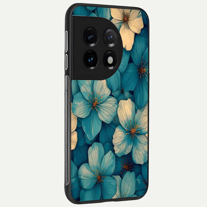  Blue Shade Floral back cover For OnePlus 11 slim fit glass case with vibrant aesthetic design