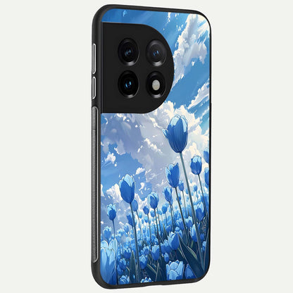  Blue Tulip Clouds back cover For OnePlus 11 slim fit glass case with vibrant aesthetic design