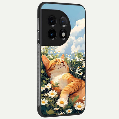  Cat And Flowers View back cover For OnePlus 11 slim fit glass case with vibrant aesthetic design