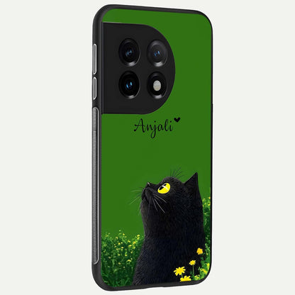  Emerald Cat Custom Name back cover For OnePlus 11 slim fit glass case with vibrant aesthetic design