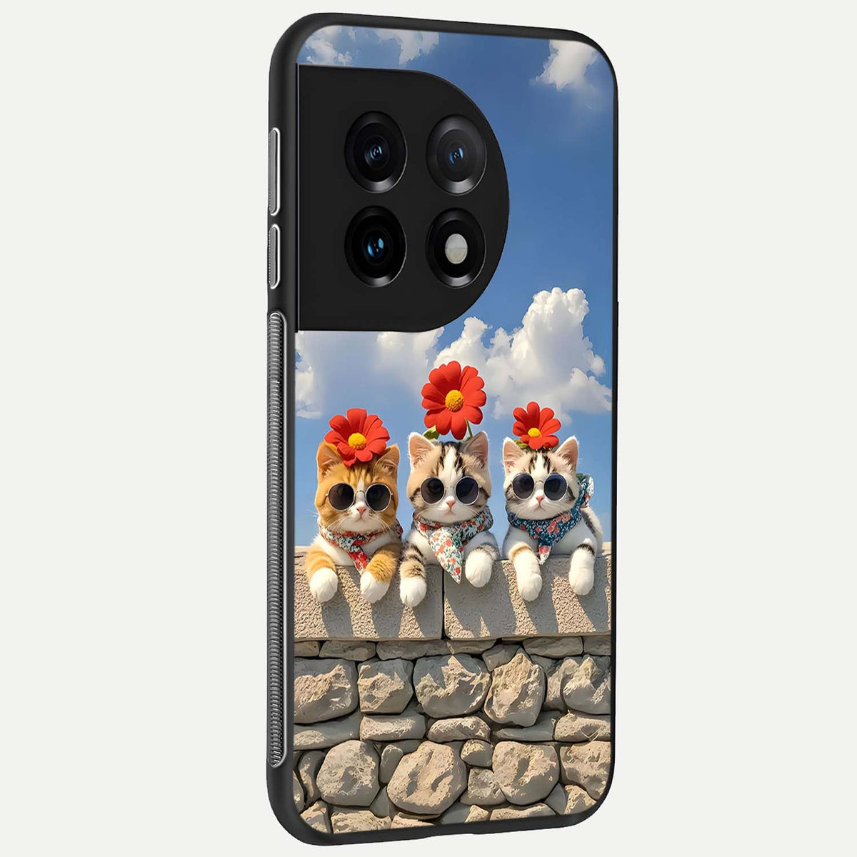  Floral Kitty Squad back cover For OnePlus 11 slim fit glass case with vibrant aesthetic design