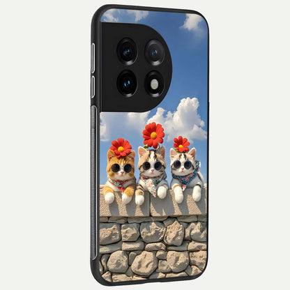  Floral Kitty Squad back cover For OnePlus 11 slim fit glass case with vibrant aesthetic design