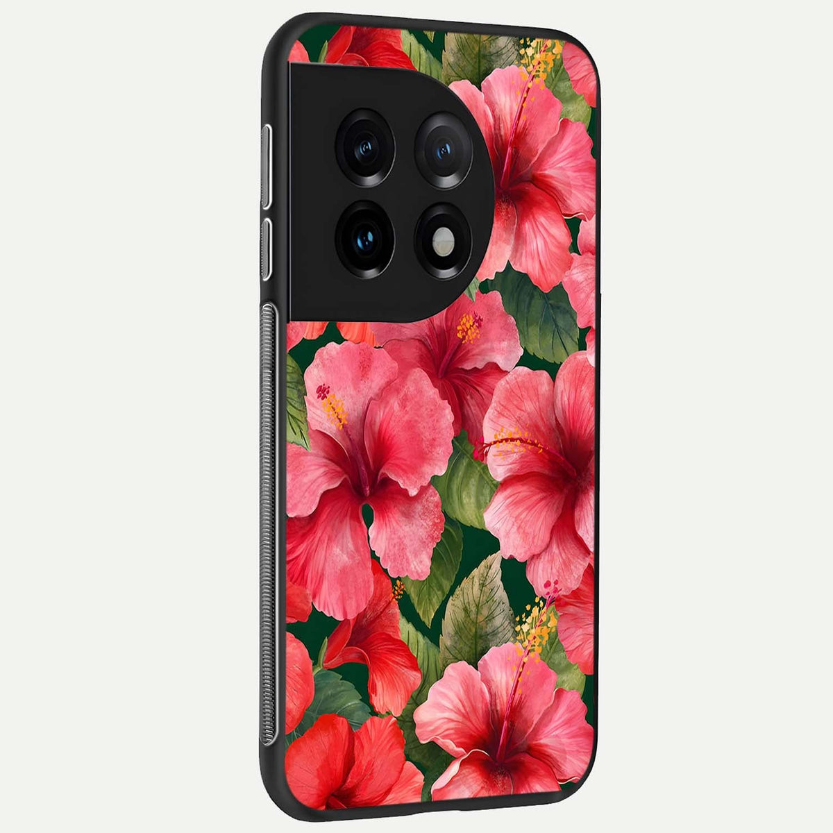  Hibiscus Pattern back cover For OnePlus 11 slim fit glass case with vibrant aesthetic design