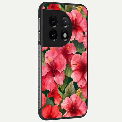  Hibiscus Pattern back cover For OnePlus 11 slim fit glass case with vibrant aesthetic design