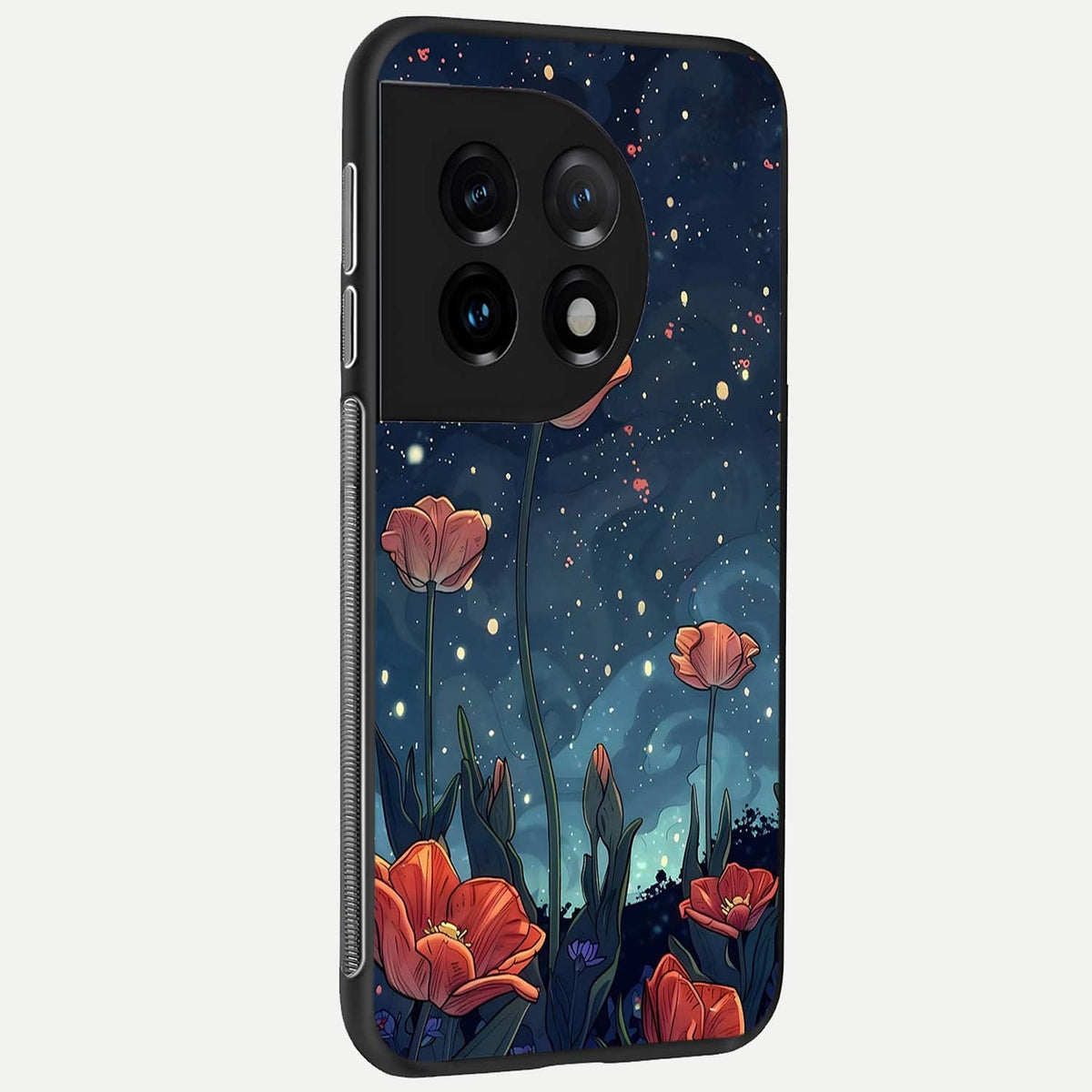  Midnight Tulip Glow back cover For OnePlus 11 slim fit glass case with vibrant aesthetic design