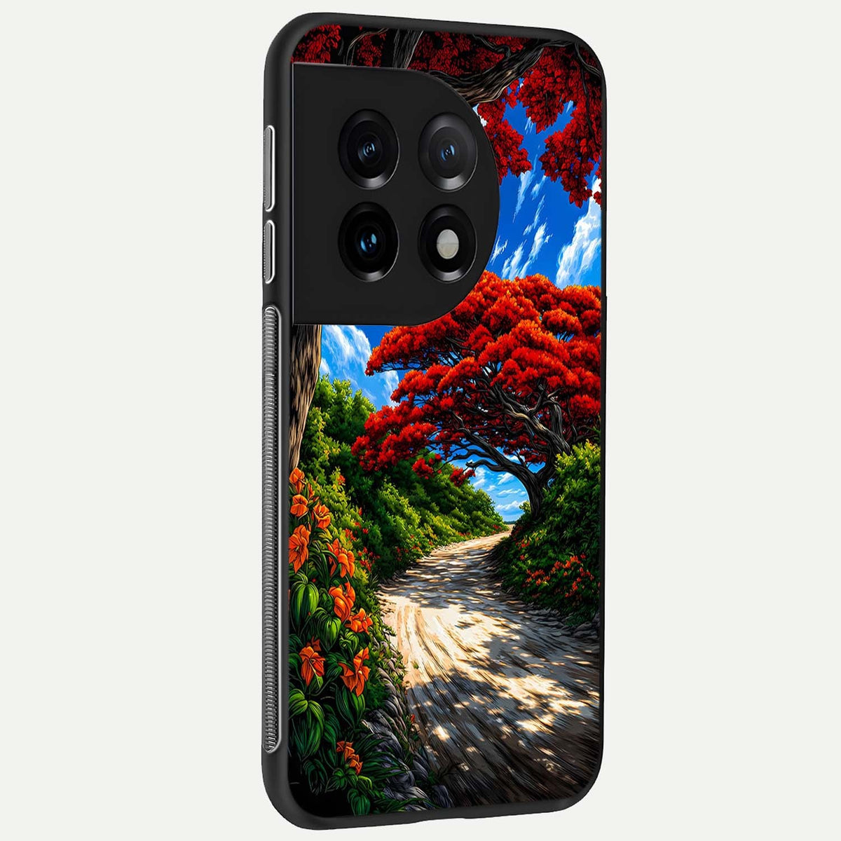  Red Trees Pathway back cover For OnePlus 11 slim fit glass case with vibrant aesthetic design