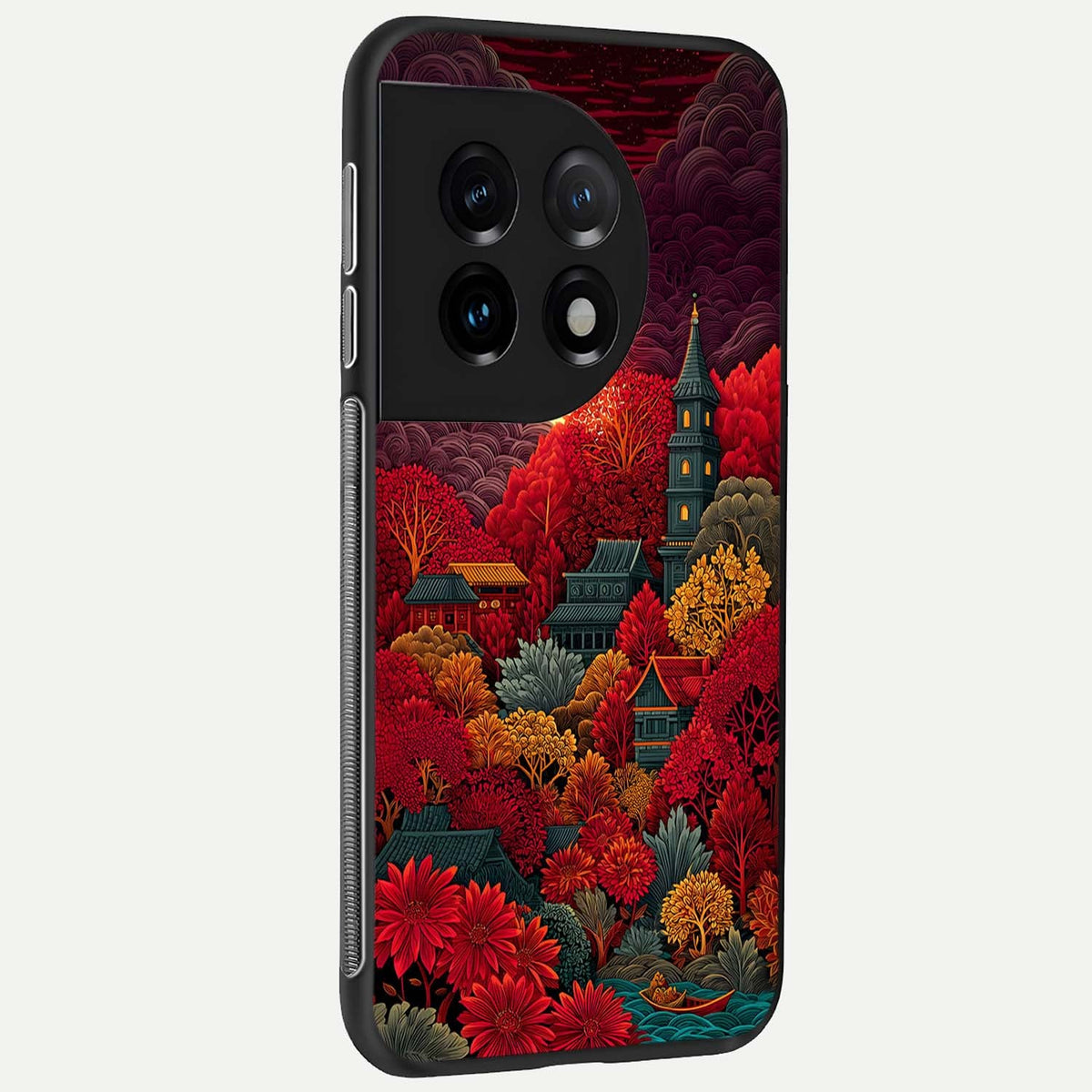  Scarlet Autumn Temple back cover For OnePlus 11 slim fit glass case with vibrant aesthetic design