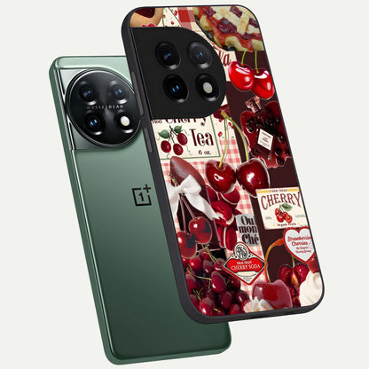  Aesthetic Cherry Tea phone case For OnePlus 11 showing premium glass back cover with detailed artwork