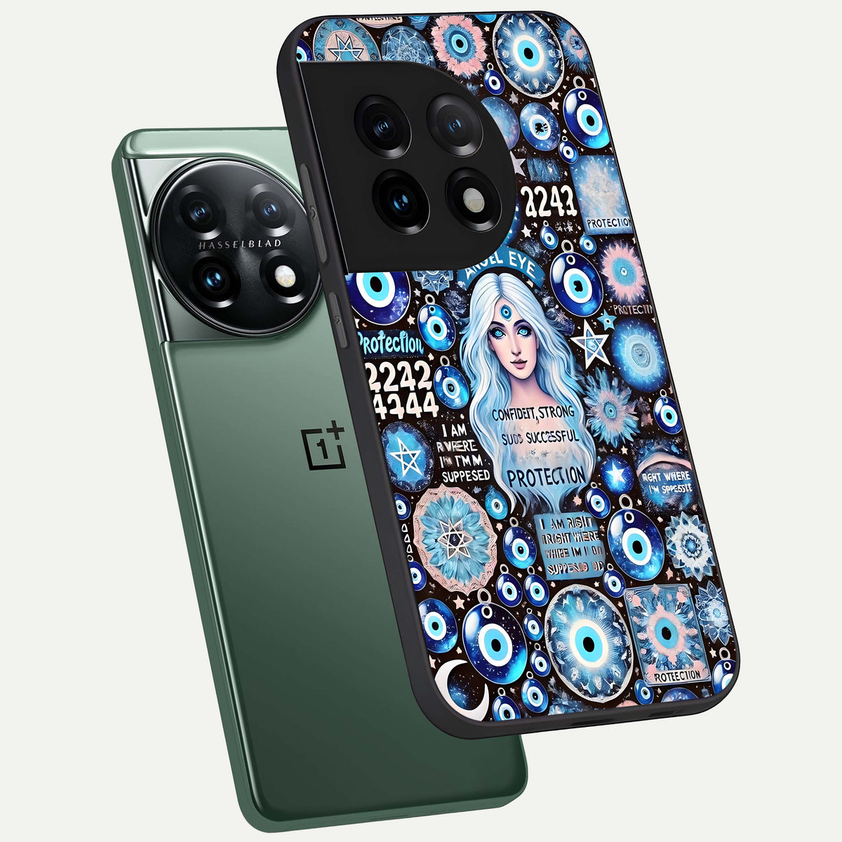  Angel Aura Shield phone case For OnePlus 11 showing premium glass back cover with detailed artwork