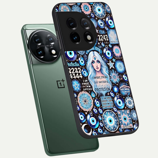  Angel Aura Shield phone case For OnePlus 11 showing premium glass back cover with detailed artwork