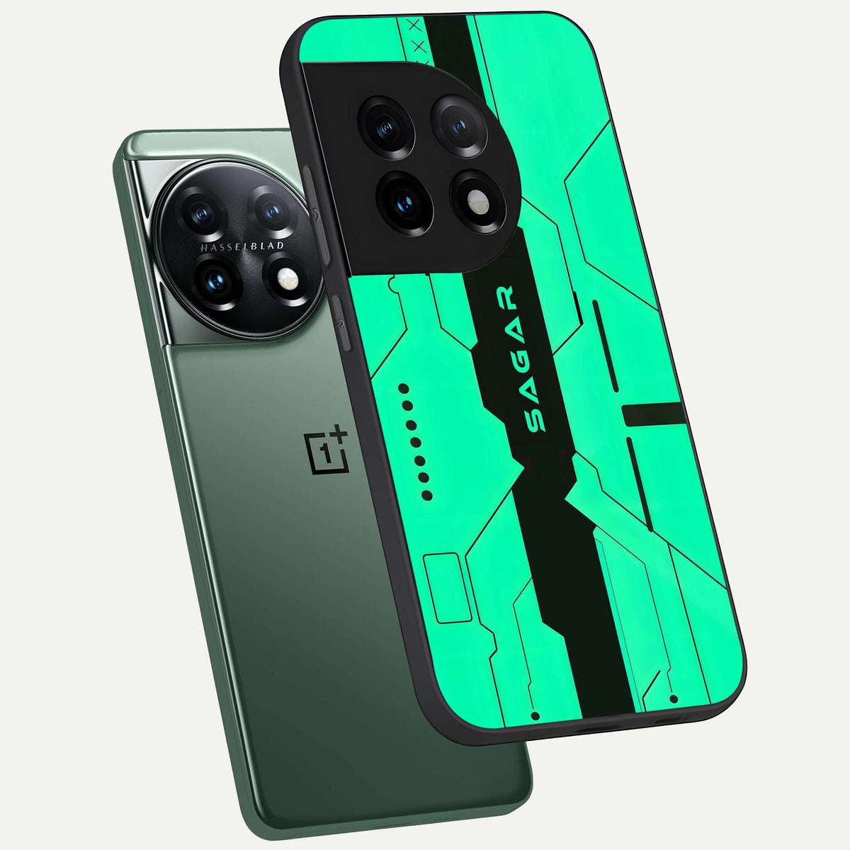  Aqua Tech CYBERPUNK Custom Name phone case For OnePlus 11 showing premium glass back cover with detailed artwork